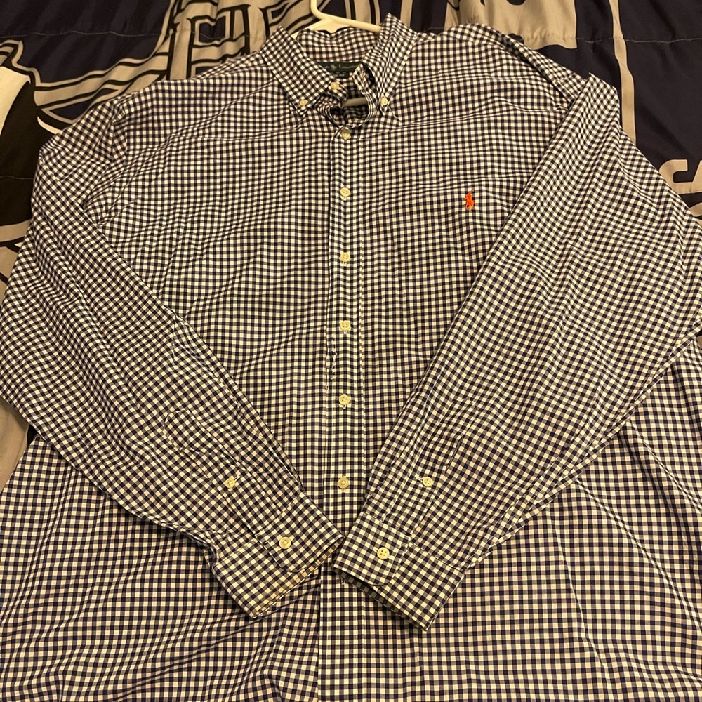 Ralph Lauren Long-Sleeve Shirt/Checkered Blue and White w/ Orange Pony